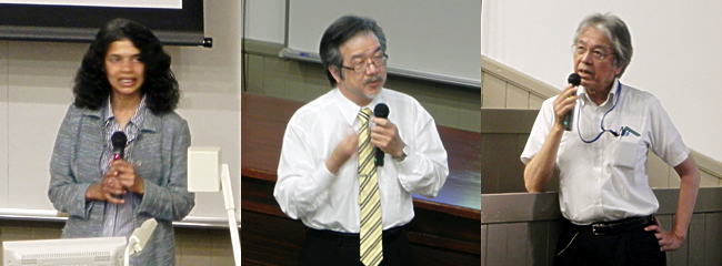 左から、ルチラ 教授、発表を受けてコメントする木原理事補、学生と意見を交わす赤松理事・副学長